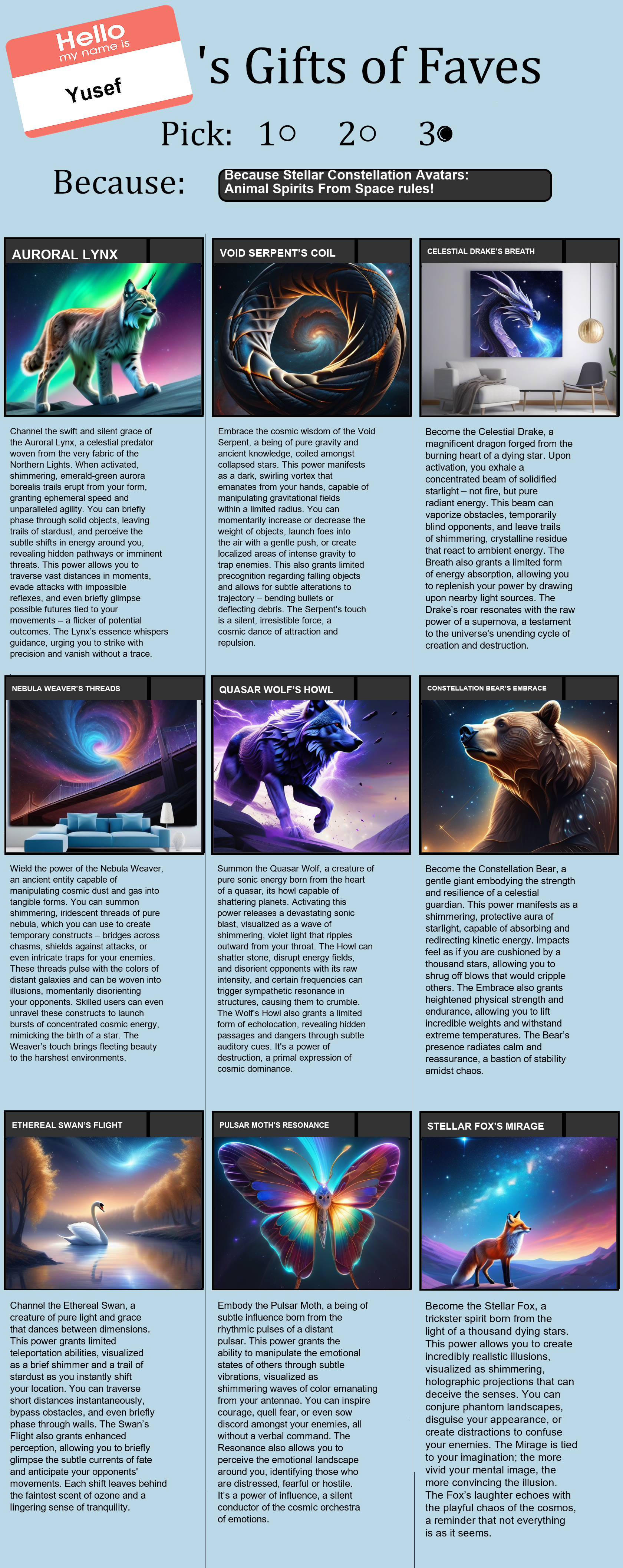 Stellar Constellation Avatars: Animal Spirits From Space